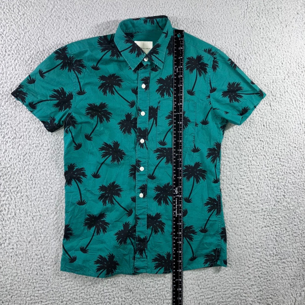 American Eagle Hawaiian Shirt Men XS Teal Palm Tree Print S/S Preppy Beach vaca - Picture 4 of 8